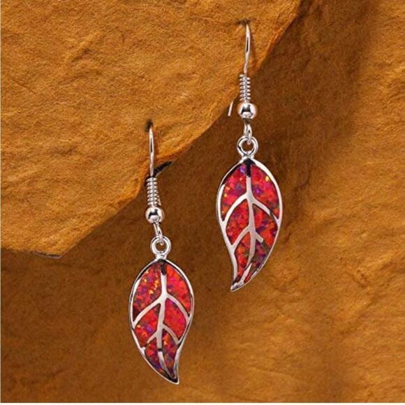 14K White Gold with Genuine Green Fire Opal Leaf Shape  14K White Gold with Genuine Red Fire Opal Leaf Shape Dangling Hook Earrings